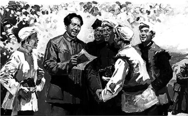 △毛泽东收到刘志丹的亲笔信，兴奋地向大家宣布即将到陕北的消息。（图片来自《毛主席在长征途中》一书）